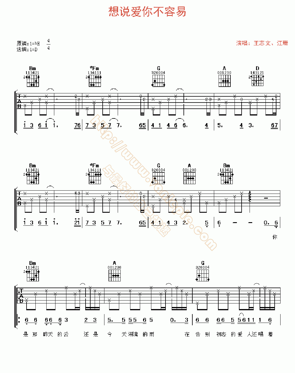 想说爱你不容易 吉他谱 -vanlepie-玩乐派