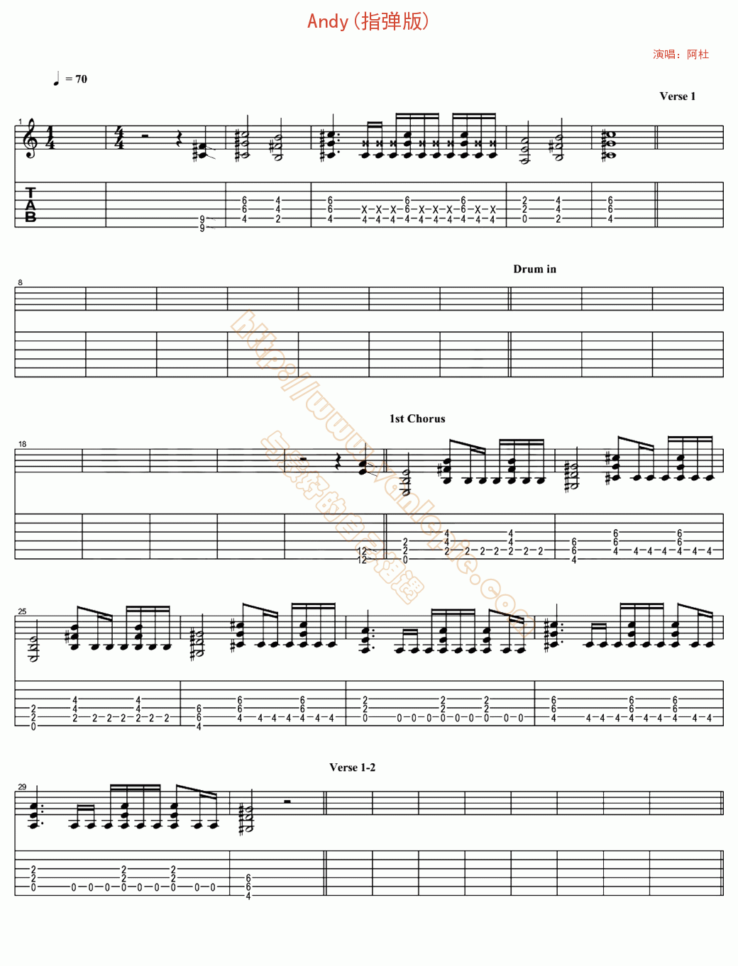 andy(指弹版) 吉他谱 -vanlepie-玩乐派