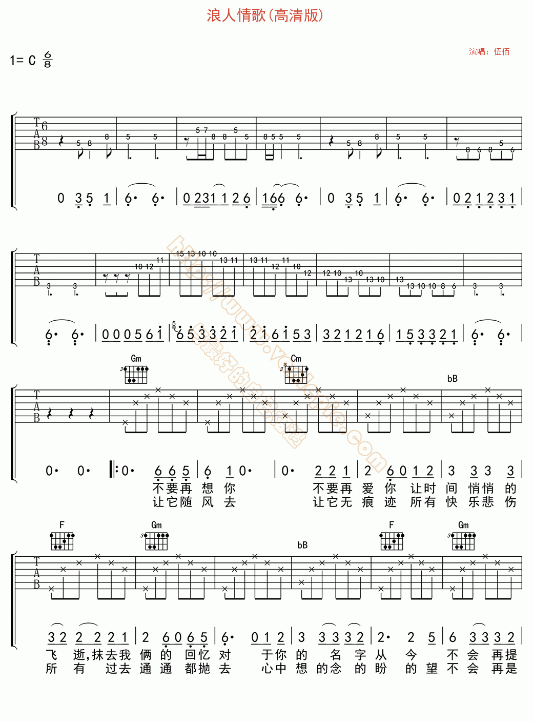 浪人情歌(高清版) 吉他谱 -vanlepie-玩乐派