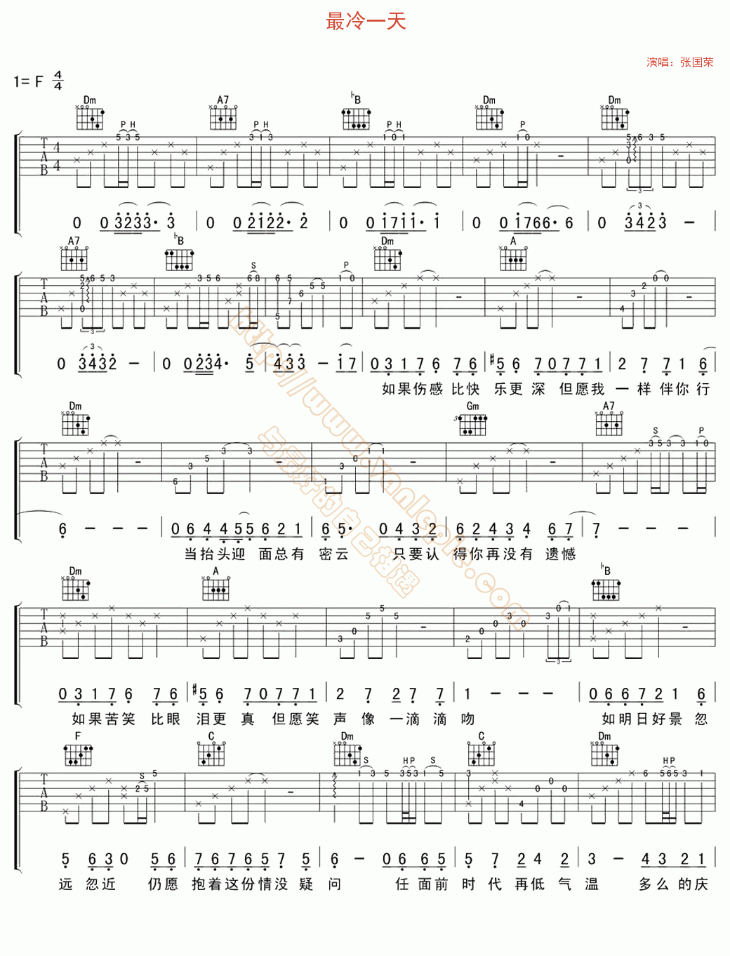 最冷一天 吉他谱 -vanlepie-玩乐派