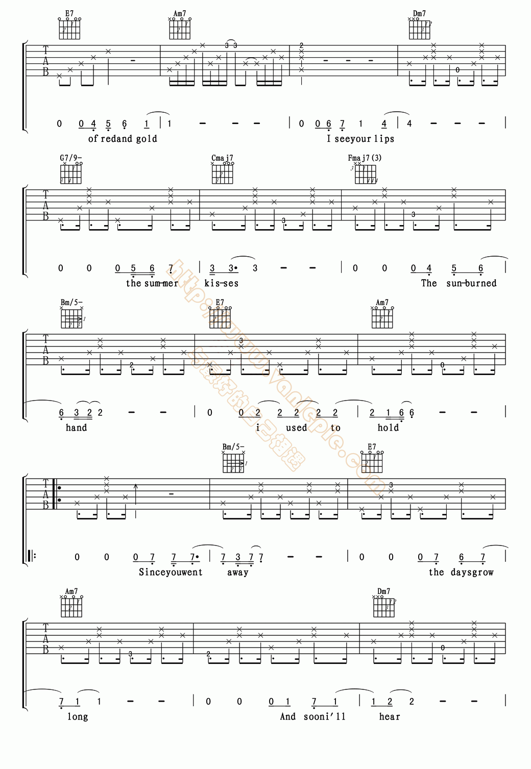 标准爵士曲秋叶吉他谱图片