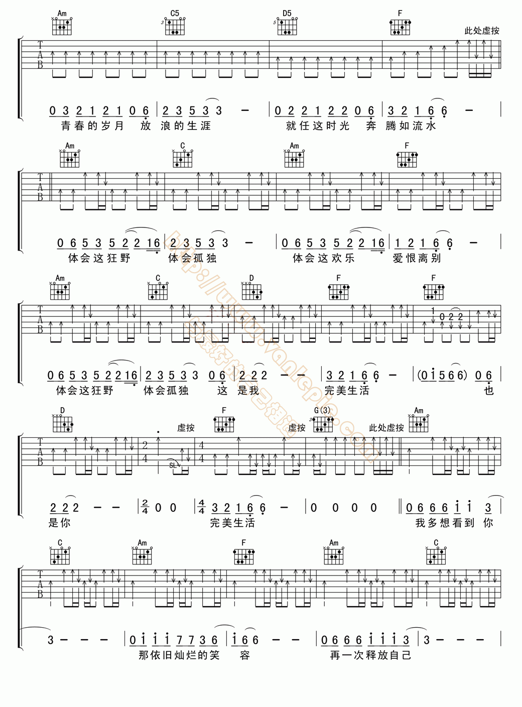 完美生活D调吉他谱图片